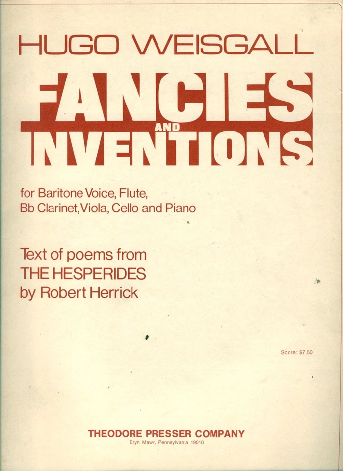 FANCIES AND INVENTIONS HUGO WEISGALL PIANO VOCAL SCORE BARITONE THE HESPERIDES & - Image 1 of 1