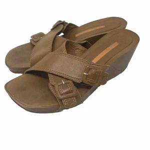 VIA SPIGA Brown Leather Cross Strap Wedge Sandal Women 6.5 Square Toe - Picture 1 of 6