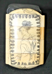 Antique Japanese Bone Inro No Cord/Natsuke 4 Section Geisha Floral NICE - Picture 1 of 9