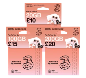 Bulk 125x Three UK +44 Starter Karta SIM Prepaid SMS OTP Code - Zdjęcie 1 z 12