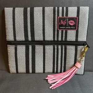 Make-up Junkie Bags grau mit schwarzen Streifen & schwarzem Innenfutter klein neu ohne Etikett - Bild 1 von 5