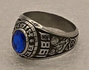 Vintage Anello Belding High Redskins argento 1989 con gemma blu classe pallavolo taglia 6,5 - Foto 1 di 11