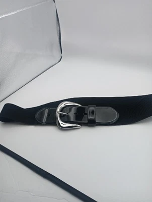 LAUREN Ralph Lauren Black Patent Leather Stretch Wide Belt Silver Buckle Size L - Image 1 of 4