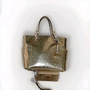 Michael Kors Metallic Signature Gold Jet Set Travel Tote In Set Geldbörse Handtasche - Bild 1 von 15