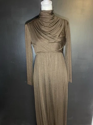 1970s Metallic Bronze Gown w/Draped High Neck/Long Sleeve Maxi–Talon Zipper - Image 1 of 4
