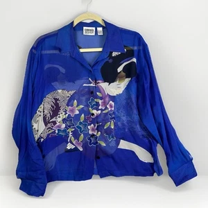 Chico's Design Silk Blouse Size 1 US Medium Floral Geisha Sheer Blue Artsy - Picture 1 of 5