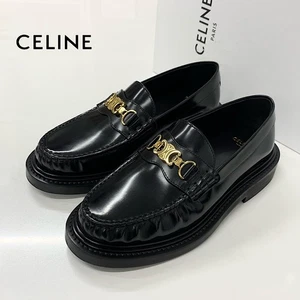 M12013 Celine Universite Leather Triomphe Chain Polished Bull Loafers Black - Picture 1 of 10