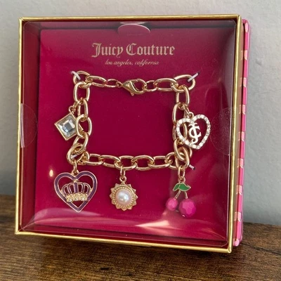 New Juicy Couture Gold Color Cherry Charm Bracelet Pink Crown JC Chain Heart - Image 1 of 2