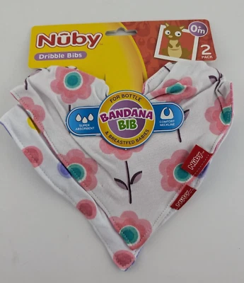 Nuby Bandana Dribble Bibs 2 Pack 0m+ Flower Polka Dots Pink Purple Baby NEW - image 1 of 4