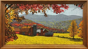 Estampado de lino vintage R. Batchelder Lg rojo granero granja colores otoño valle 33"x 18" - Imagen 1 de 14
