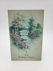 Vintage Postkarte beste Geburtstagswünsche Blumen Wasserfall geteilt zurück - Bild 1 von 2