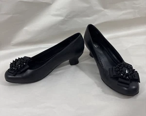 Hotter Leather Shoes Women's 7.5 Black Pumps Bow Dress Bling Shimmy - Picture 1 of 16