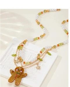 WEIHNACHTEN LEBKUCHENMANN ACRYL KRISTALL PERLE GOLDFARBEN GESCHICHTET HALSKETTE - Bild 1 von 1