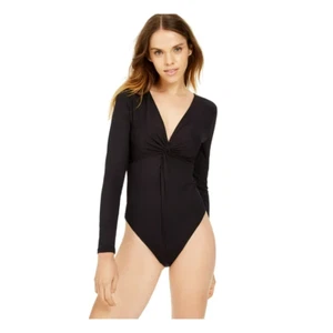 Bar III Women's Black Ribbed Long Sleeve V Neck Thong Bodysuit Size SMALL - Picture 1 of 4