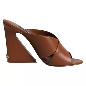 DOLCE & GABBANA Shoes Brown Logo KEIRA Leather Slides Sandals EU37.5/EU37 980usd - Picture 1 of 8