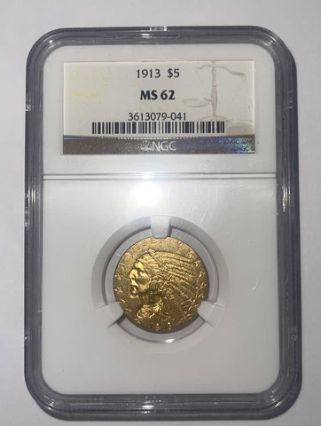 1913 $5 Gold Indian Head Half Eagle MS 62 NGC ⭐️ Cover