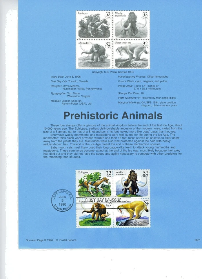1996 USPS Souvenir Page 32¢  PREHISTORIC ANIMALS (4 DESIGNS) #9621 w/Watermark - Image 1 of 1