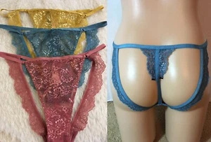 VICTORIA'S SECRET Very Sexy SHINY Lace CUTOUT String Bikini Panty XL Blue Pink - Picture 1 of 11