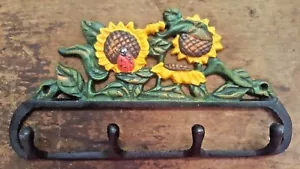 SUNFLOWER 4 HOOK BATHROOM or KITCHEN Towel Hanger farmhouse country ladybug iron - Picture 1 of 2