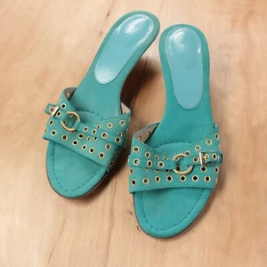 VANELi aqua blue leather gold grommet buckle slide kitten heels sz 6 vero cuoio - Picture 1 of 6