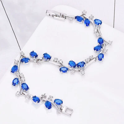 Nuevas pulseras de joyería de mujer con piedras preciosas de topacio azul Londres corte ovalado de cadena de plata Foto 1 de 4