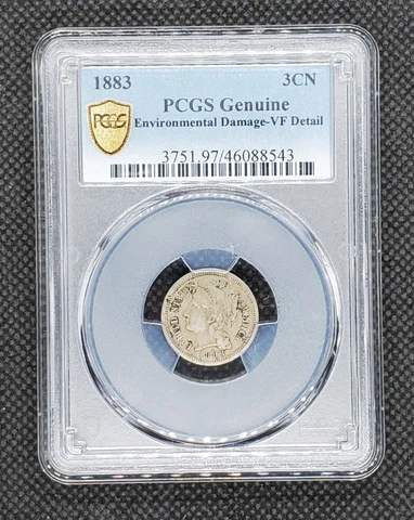 1883 Three Cent (Nickel) | PCGS Genuine, VF Detail, Environmental Dmg | KEY DATE Cover
