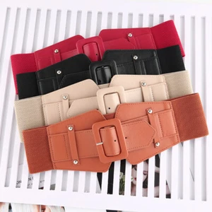 Womens Classic Wide Buckle Elastic Cinch Waist Belt For Dress PU Leather Corset⇗ - Picture 1 of 16