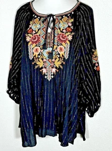 Damen Johnny Was Clancy schwarz bestickt Pull Over Bauern Bluse Top XL - Bild 1 von 6