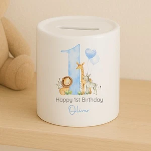 Personalised Blue Safari Birthday Money Box - Picture 1 of 2