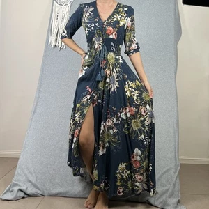 Jaase Maxi Dress Womens M Navy Blue Floral Tassels Boho Hippie Holiday Peasant - Picture 1 of 19