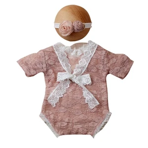 Newborn Photography Props Baby Lace Rompers Flower Headband for Girl Princess - Picture 1 of 8