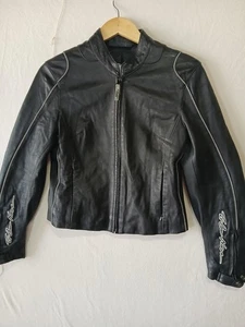 Damen kleine Leder Motorrad Jacke Live On The Edge schwarz Arlen Ness Biker Mantel - Bild 1 von 10