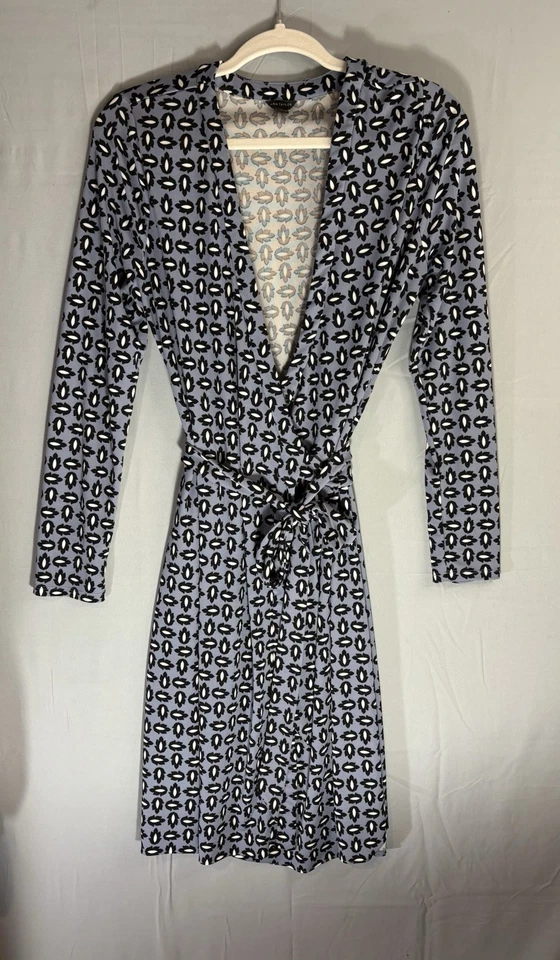 VESTIDO JERSEY MUJER ANN TAYLOR AZUL ESTAMPADO MANGA LARGA SIEMPRE ENVOLVENTE Talla 10 Foto 1 de 4