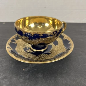 Old Nippon Gilt Cobalt Blue Cabinet Cup & Saucer Dragon Gold Overlay Circa 1900s - Picture 1 of 9
