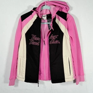 Harley Davidson Pink Black Cream Full Zip Hoodie Vest Jacket Womens M - Picture 1 of 8