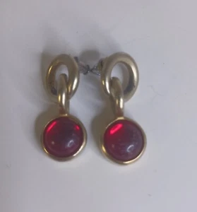 Vintage Dangle Goldtone Red Rhinestone Pierced Earrings 1.25" - Picture 1 of 7