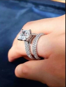 14k White Gold Plated Princess Cut 3 CT Diamond Band Lab-Created Bridal Ring Set - Picture 1 of 2
