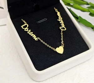 Customized Double Name Necklace Heart Love Pendant Partner Gift Stainless Steel - Picture 1 of 6