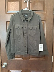 Old Navy Olive Green Denim Jean Jacket Size L Button Front Women’s 98% Cotton - Picture 1 of 3