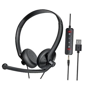 USB Headset with Microphone for PC Laptop - Wired Computer Black USB+3.5mm - Picture 1 of 7