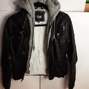 YMI Black Faux Leather Moto Coat Jacket Hooded Girls Size S Small - Picture 1 of 11