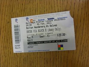 01/02/2011 Ticket: Bolton Wanderers v Wolverhampton Wanderers  (corner slightly