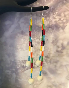 #47 LONG 2 STRAND EARRINGS WITH MANY COLORS OF SEED BEADS & WHITE AT BOTTOM - Picture 1 of 4