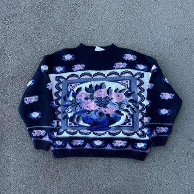 Suéter Vintage Años 90 Nordstrom Punto de Vista Floral Tejido a Mano 100% Lana Talla Grande Foto 1 de 4