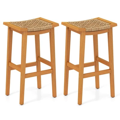 Outdoor Acacia Wood Bar Stools Set of 2 with PE Rattan Seats and Backrests - Image 1 of 4