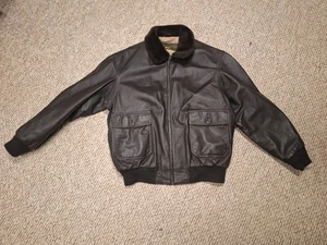 Vintage LANDING Leather Navy US Flag Brown Leather Bomber Aviator Jacket SZ LT - Bild 1 von 11