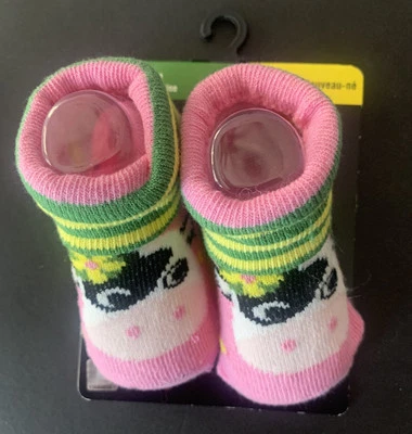 New Pair Of John Deere Newborn Baby Booties, Pink Cows with Flower - Image 1 of 4