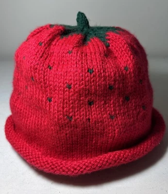 Hand Knit Strawberry Toddler Kids Youth Beanie Hat Cap - Image 1 of 4