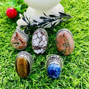 Lotto 5 pezzi anelli pietre preziose miste naturali assortite, lotto anelli di design placcati argento ~ - Foto 1 di 5