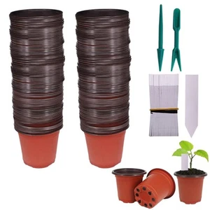 100 Pcs 4" Plastic Seedlings Plants Nursery Pots with 100 Pcs Waterproof Plas... - Picture 1 of 7